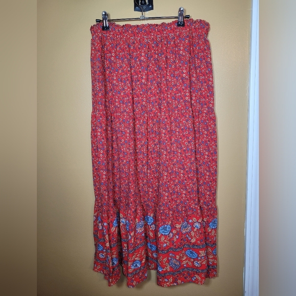 Zesica Boho Red and Blue Elastic Drawstring Waist Maxi Skirt sz XL - Picture 4 of 11
